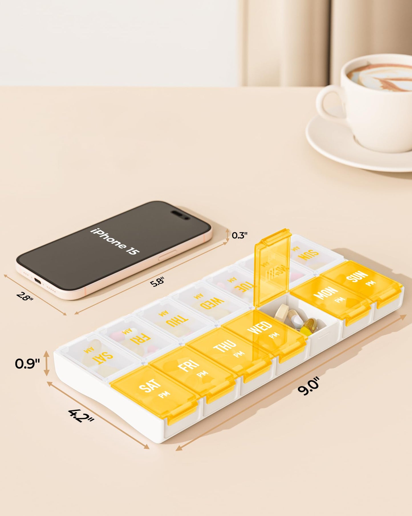 Weekly Pill Organizer 2 Times a Day, Stylish Pill Box 7 Day AM PM with Large Compartments, Pill Case Easy to Use, BPA-Free Pill Container for Vitamins, Fish Oils, Supplements, Medicines, Yellow
