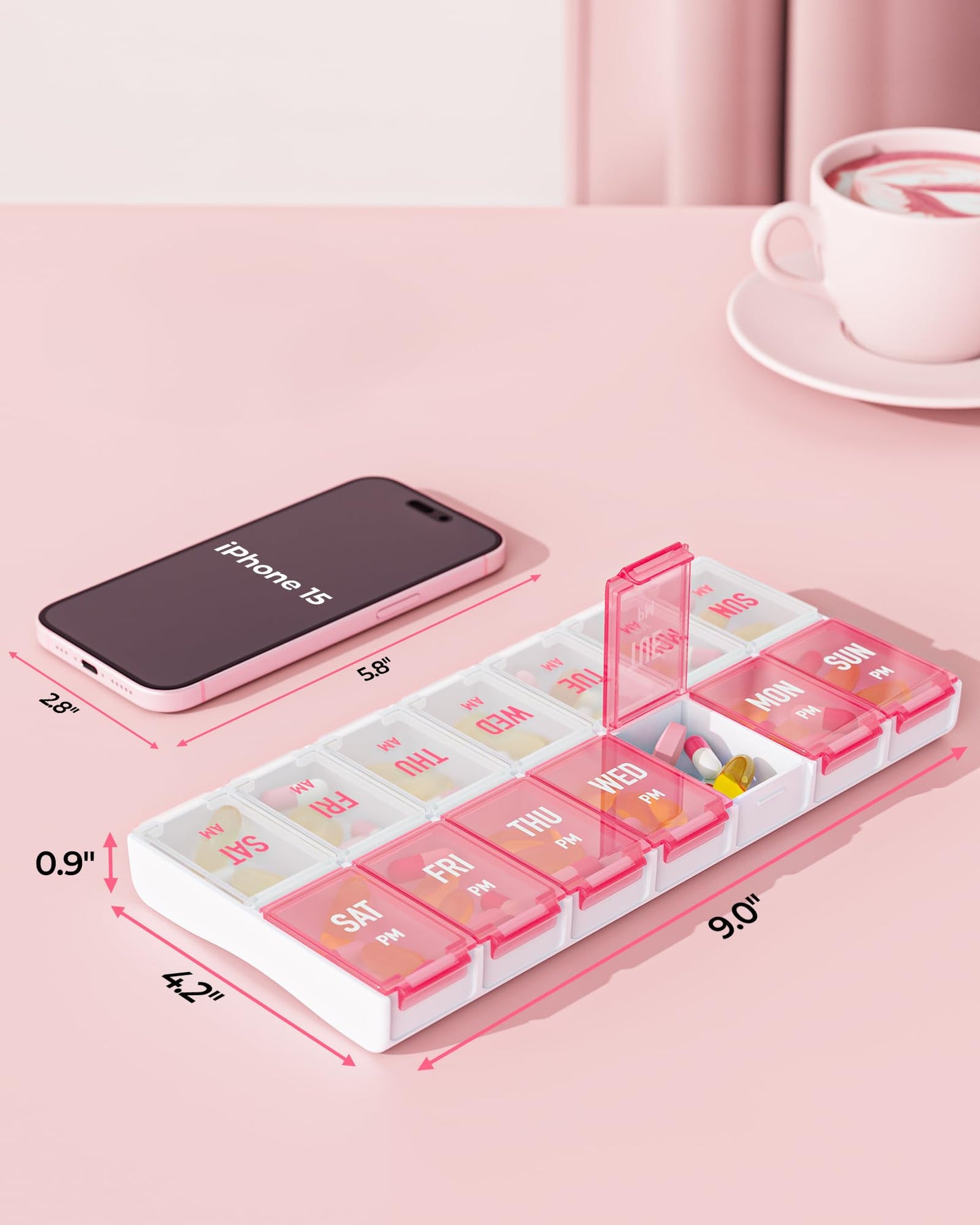 Weekly Pill Organizer 2 Times a Day, Stylish Pill Box 7 Day AM PM with Large Compartments, Pill Case Easy to Use, BPA-Free Pill Container for Vitamins, Fish Oils, Supplements, Medicines, Pink