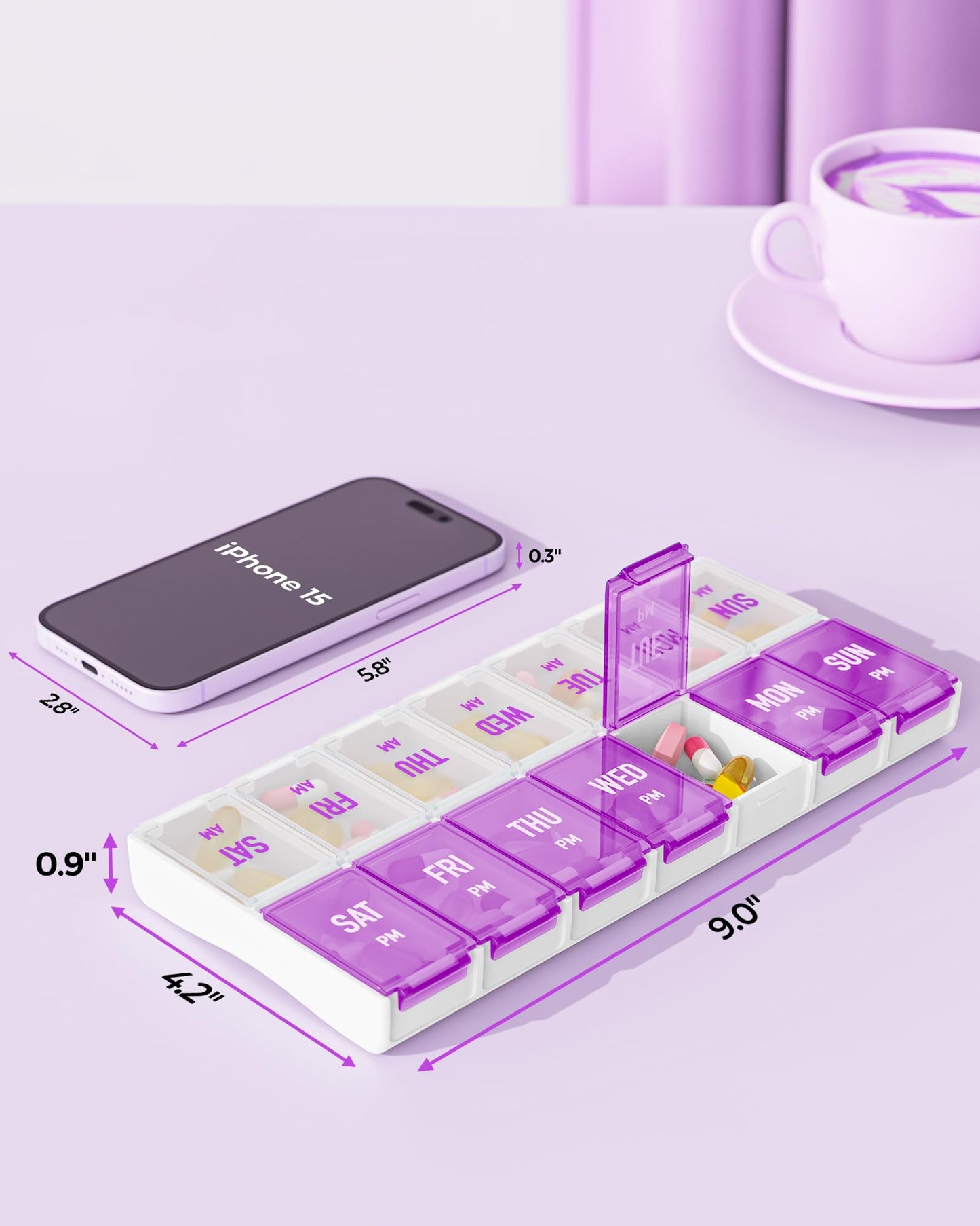 Weekly Pill Organizer 2 Times a Day, Stylish Pill Box 7 Day AM PM with Large Compartments, Pill Case Easy to Use, BPA-Free Pill Container for Vitamins, Fish Oils, Supplements, Medicines, Purple