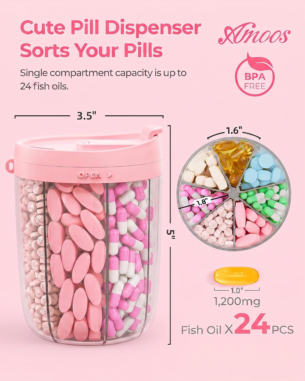 AMOOS Travel Pill Dispenser with Anti-Mix Design, 7-Slot, Patented, large