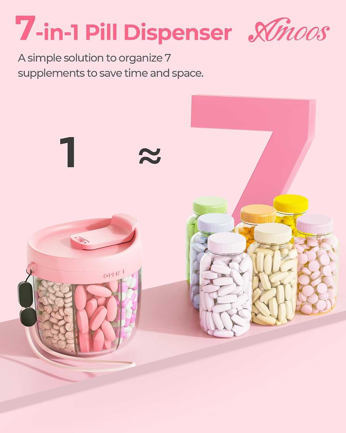 AMOOS Travel Pill Dispenser with Anti-Mix Design, 7-Slot, Patented, small